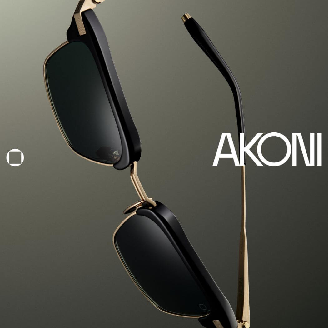 AKONIサングラスのゴールドメタルとブラックフレームを際立たせたディテール写真
